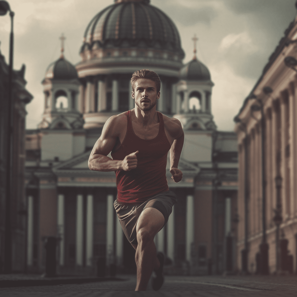 атлет бежит по улицам Питера